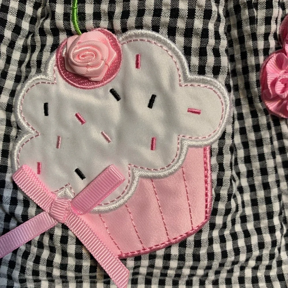 Vintage‎ Rare Editions Girls Black White Gingham Cupcake Applique Outfit Set 12M - Picture 8 of 13